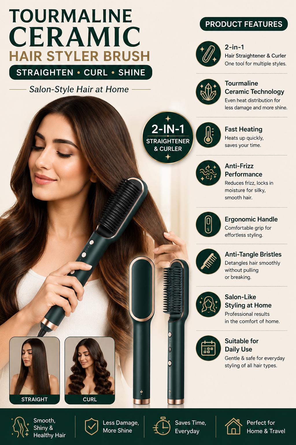 Tourmaline Ceramic Hair Curler Brush | Hair Styler